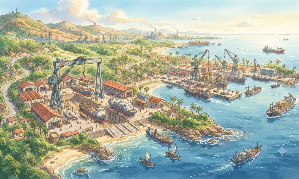 Modern shipyard with large commercial vessels, dry docks and heavy cranes at a coastal industrial facility.