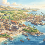 Modern shipyard with large commercial vessels, dry docks and heavy cranes at a coastal industrial facility.