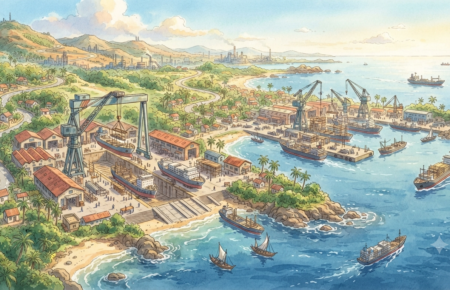 Modern shipyard with large commercial vessels, dry docks and heavy cranes at a coastal industrial facility.