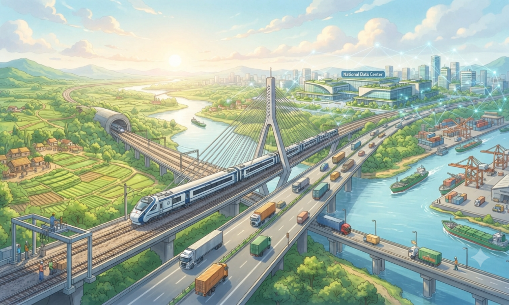 A detailed Studio Ghibli-style illustration of India's expanding multi-modal infrastructure, featuring a high-speed train crossing a cable-stayed bridge over a river, parallel to a busy highway with trucks, a bustling port, and a connected data center in the background.