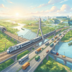 A detailed Studio Ghibli-style illustration of India's expanding multi-modal infrastructure, featuring a high-speed train crossing a cable-stayed bridge over a river, parallel to a busy highway with trucks, a bustling port, and a connected data center in the background.