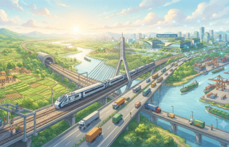 A detailed Studio Ghibli-style illustration of India's expanding multi-modal infrastructure, featuring a high-speed train crossing a cable-stayed bridge over a river, parallel to a busy highway with trucks, a bustling port, and a connected data center in the background.