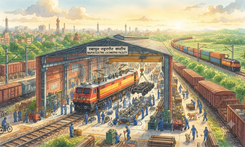 Indian Railways' electric locomotive maintenance facility in Raipur, showcasing modern rail infrastructure supporting freight operations and railway electrification.