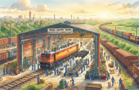 Indian Railways' electric locomotive maintenance facility in Raipur, showcasing modern rail infrastructure supporting freight operations and railway electrification.