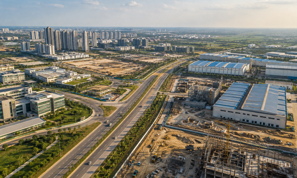 New Noida planned industrial and urban development corridor with roads, construction activity and modern buildings