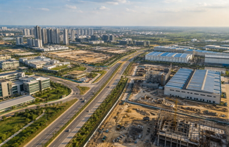 New Noida planned industrial and urban development corridor with roads, construction activity and modern buildings