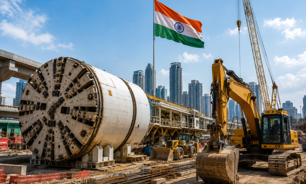 Tunnel boring machine and heavy construction equipment operating at an Indian infrastructure project