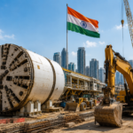 Tunnel boring machine and heavy construction equipment operating at an Indian infrastructure project
