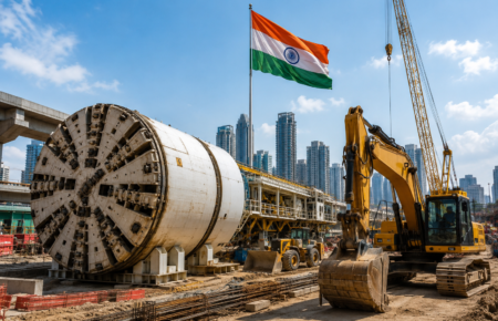 Tunnel boring machine and heavy construction equipment operating at an Indian infrastructure project