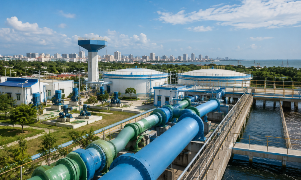 Chennai urban water infrastructure project with large pipelines, pumping infrastructure and a modern cityscape