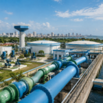 Chennai urban water infrastructure project with large pipelines, pumping infrastructure and a modern cityscape