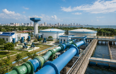 Chennai urban water infrastructure project with large pipelines, pumping infrastructure and a modern cityscape