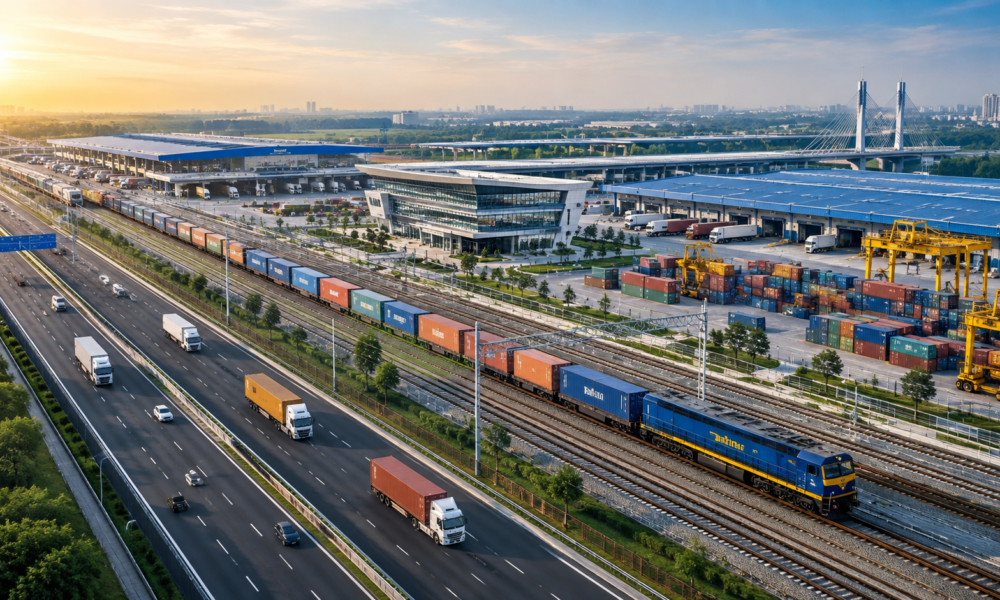Aerial view of a modern multimodal logistics park featuring highways, freight trains, container yards, warehouses and cargo handling facilities in India.