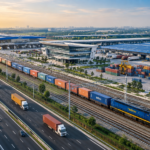 Aerial view of a modern multimodal logistics park featuring highways, freight trains, container yards, warehouses and cargo handling facilities in India.