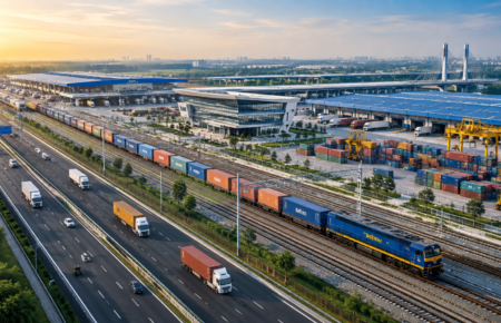 Aerial view of a modern multimodal logistics park featuring highways, freight trains, container yards, warehouses and cargo handling facilities in India.