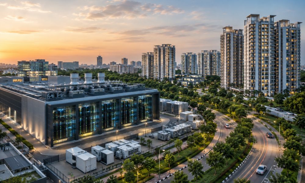 Modern data centre campus with nearby residential buildings representing India's digital infrastructure and housing growth.