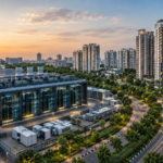 Modern data centre campus with nearby residential buildings representing India's digital infrastructure and housing growth.