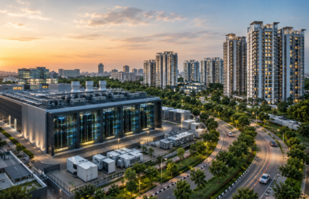 Modern data centre campus with nearby residential buildings representing India's digital infrastructure and housing growth.