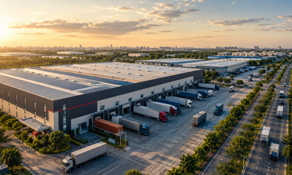 Modern Grade A warehouse and logistics park with trucks and industrial buildings in India.