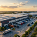 Modern Grade A warehouse and logistics park with trucks and industrial buildings in India.