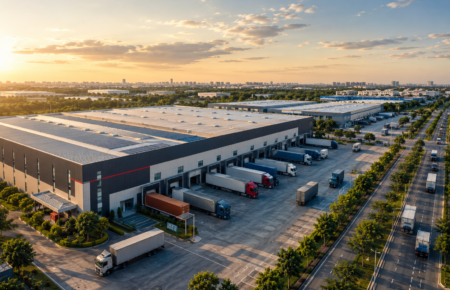 Modern Grade A warehouse and logistics park with trucks and industrial buildings in India.