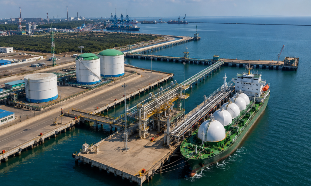Modern cargo port with hydrogen storage tanks, pipelines and a dedicated jetty for green energy exports.