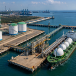 Modern cargo port with hydrogen storage tanks, pipelines and a dedicated jetty for green energy exports.