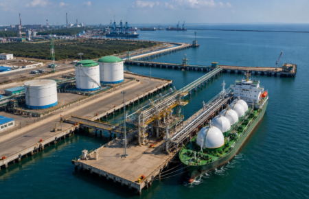 Modern cargo port with hydrogen storage tanks, pipelines and a dedicated jetty for green energy exports.