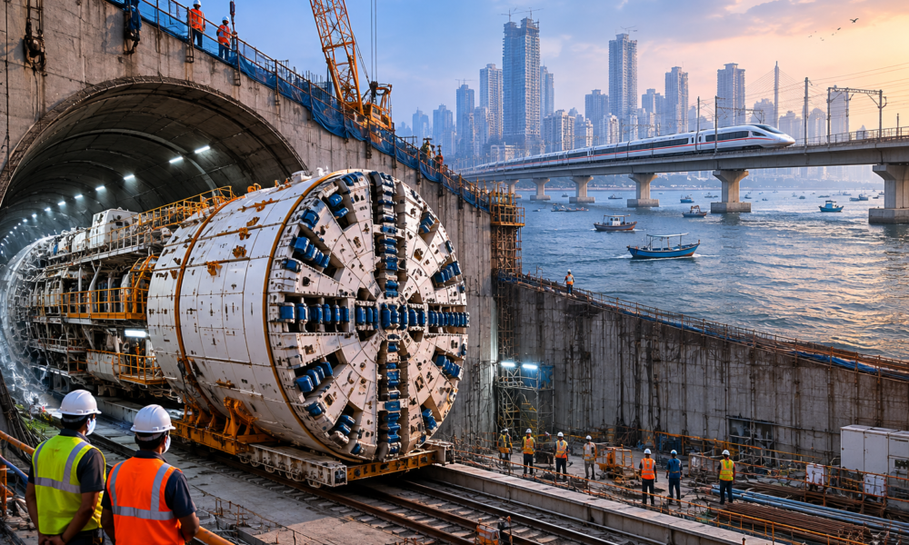 Tunnel Boring Machine excavating India's first undersea railway tunnel beneath Thane Creek for the Mumbai Ahmedabad Bullet Train project