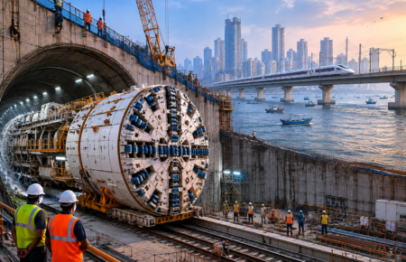 Tunnel Boring Machine excavating India's first undersea railway tunnel beneath Thane Creek for the Mumbai Ahmedabad Bullet Train project