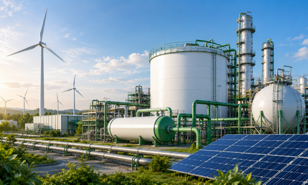 Green hydrogen production facility with industrial pipelines, storage tanks and clean energy infrastructure in India