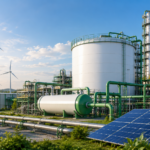 Green hydrogen production facility with industrial pipelines, storage tanks and clean energy infrastructure in India