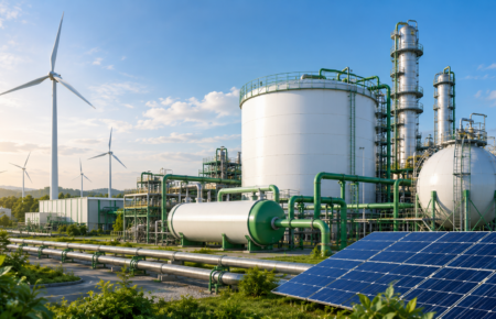 Green hydrogen production facility with industrial pipelines, storage tanks and clean energy infrastructure in India