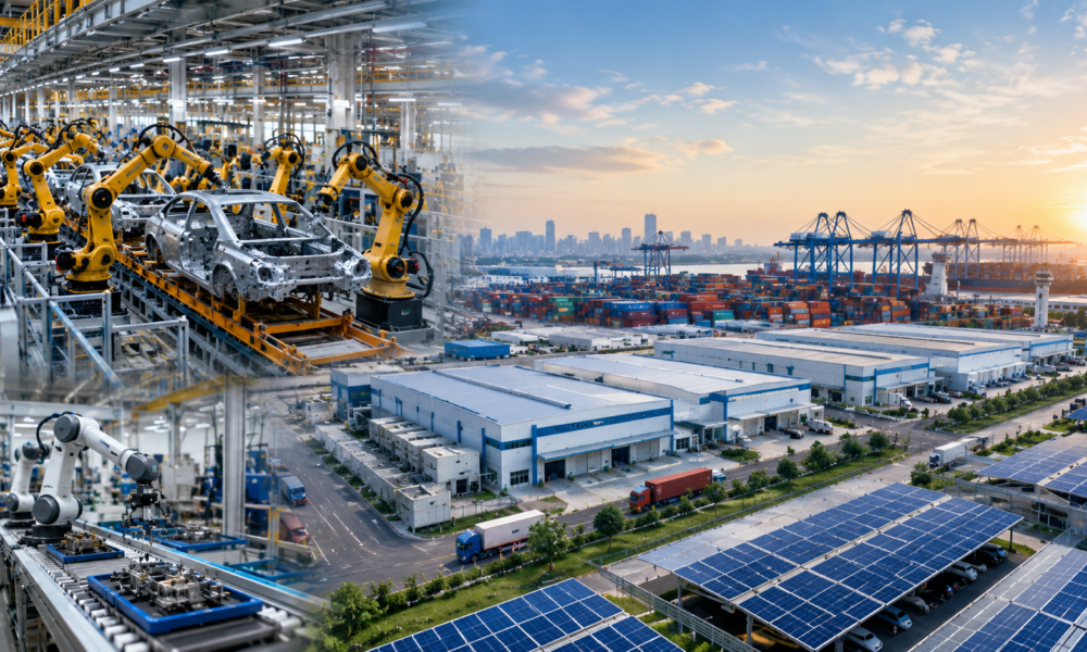 Modern manufacturing facility with automated production lines, warehouses and industrial infrastructure in India