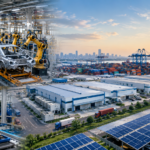 Modern manufacturing facility with automated production lines, warehouses and industrial infrastructure in India