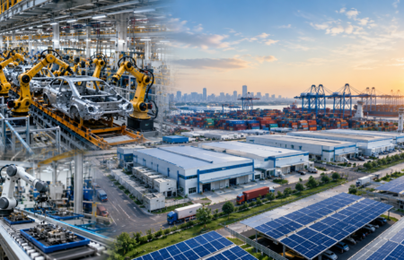 Modern manufacturing facility with automated production lines, warehouses and industrial infrastructure in India