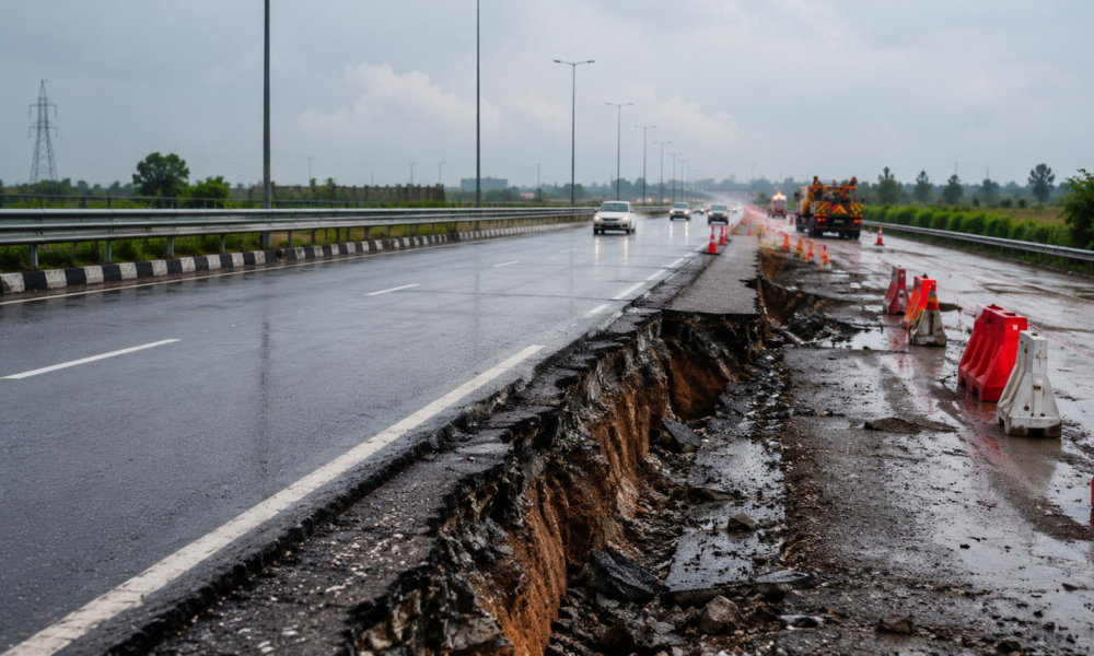 Kanpur-Lucknow Expressway showing a damaged road section after pavement slippage