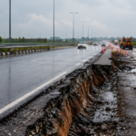 Kanpur-Lucknow Expressway showing a damaged road section after pavement slippage