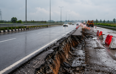 Kanpur-Lucknow Expressway showing a damaged road section after pavement slippage