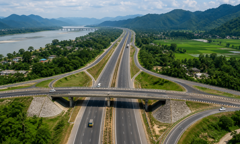 Four-lane highway corridor under development in Assam representing the planned Guwahati-Tezpur NH-15 project