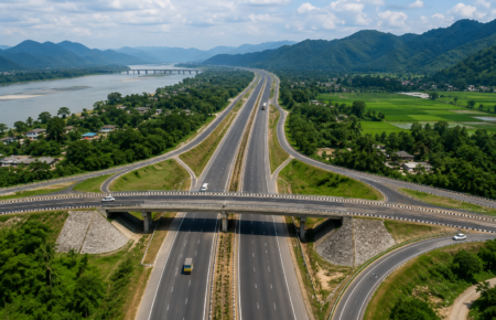 Four-lane highway corridor under development in Assam representing the planned Guwahati-Tezpur NH-15 project