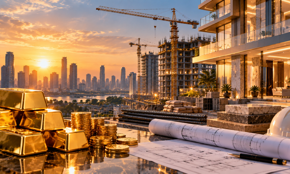 Luxury real estate interior with gold detailing and premium construction materials