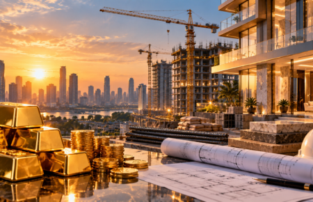 Luxury real estate interior with gold detailing and premium construction materials