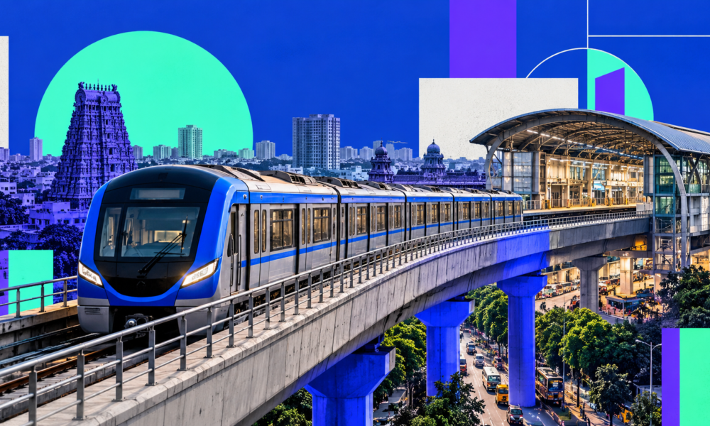 Elevated Chennai Metro Phase II train travelling along the Poonamallee to Vadapalani corridor.