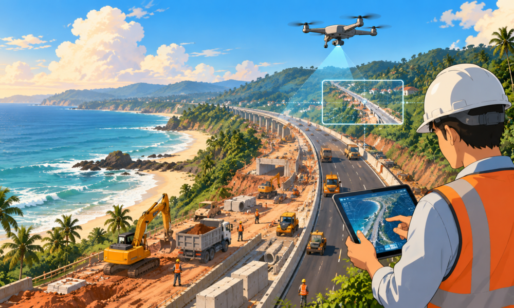 Highway expansion work on a coastal road in Kerala, illustrating NH-66 construction and maintenance challenges