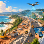Highway expansion work on a coastal road in Kerala, illustrating NH-66 construction and maintenance challenges