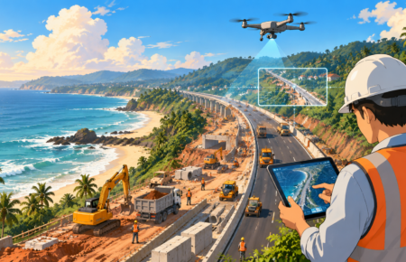 Highway expansion work on a coastal road in Kerala, illustrating NH-66 construction and maintenance challenges