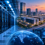 Modern data centre server racks and a smart city skyline representing Noida's digital infrastructure expansion