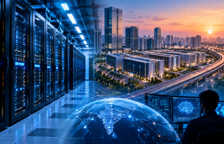 Modern data centre server racks and a smart city skyline representing Noida's digital infrastructure expansion