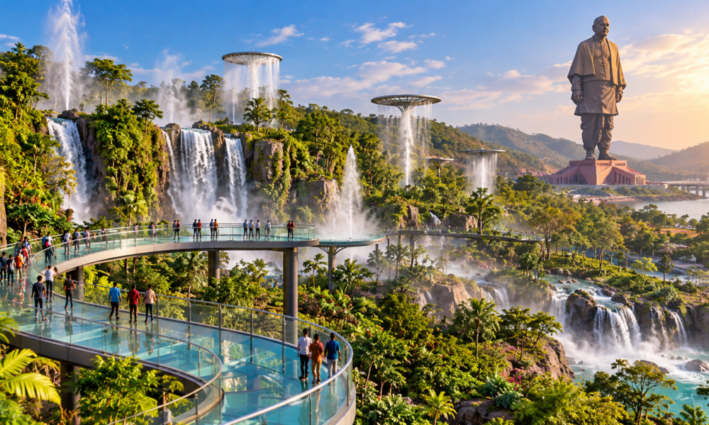 Proposed rainforest attraction with waterfalls and glass skywalk near the Statue of Unity in Gujarat